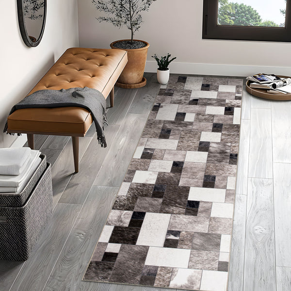 Extra Large Faux Cowhide Rug Grey Grid Cow Hide Carpet Patchwork Washable Runner Machine Washable