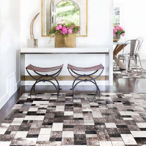 Extra Large Faux Cowhide Rug Grey Grid Cow Hide Carpet Patchwork Washable Runner Machine Washable