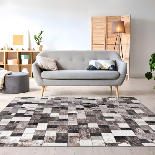 Extra Large Faux Cowhide Rug Grey Grid Cow Hide Carpet Patchwork Washable Runner Machine Washable