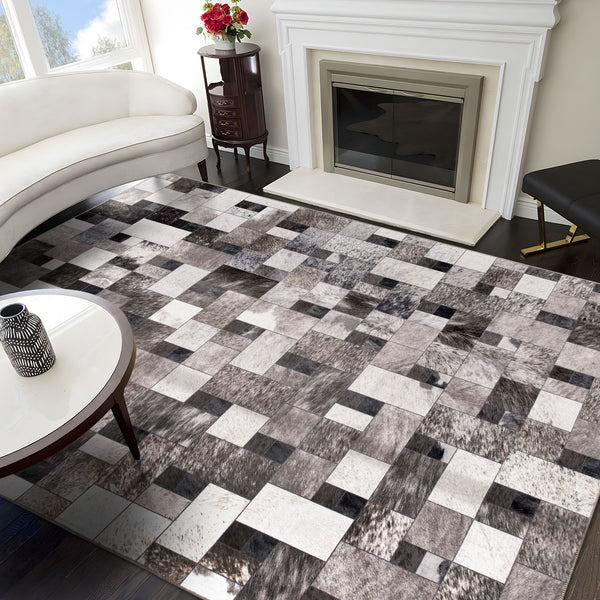 Extra Large Faux Cowhide Rug Grey Grid Cow Hide Carpet Patchwork Washable Runner Machine Washable