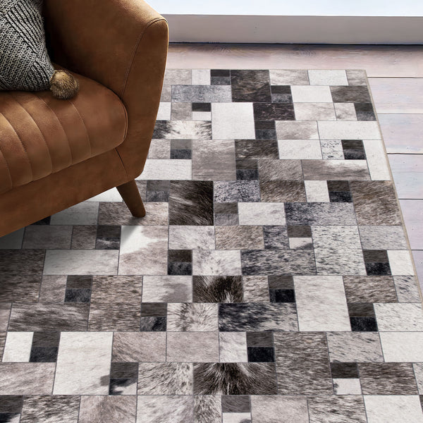 Extra Large Faux Cowhide Rug Grey Grid Cow Hide Carpet Patchwork Washable Runner Machine Washable