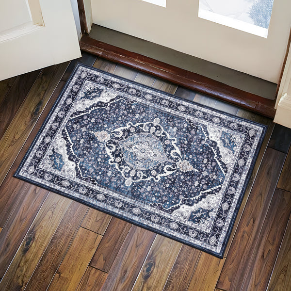 Extra Large Rug Shimmering Navy Blue Blooming Allover Medallion Carpet Machine Washable