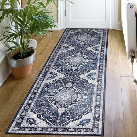 Navy Blue Hallway Runner Beautiful Retro Carpet Machine Washable Mat 80x300cm