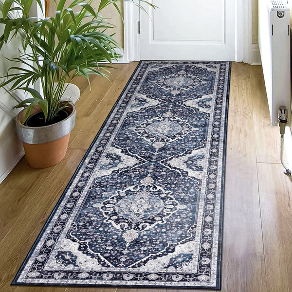 Extra Large Rug Shimmering Navy Blue Blooming Allover Medallion Carpet Machine Washable