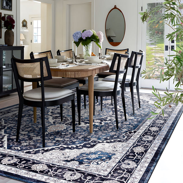 Extra Large Rug Shimmering Navy Blue Blooming Allover Medallion Carpet Machine Washable