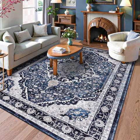 Extra Large Rug Shimmering Navy Blue Blooming Allover Medallion Carpet Machine Washable