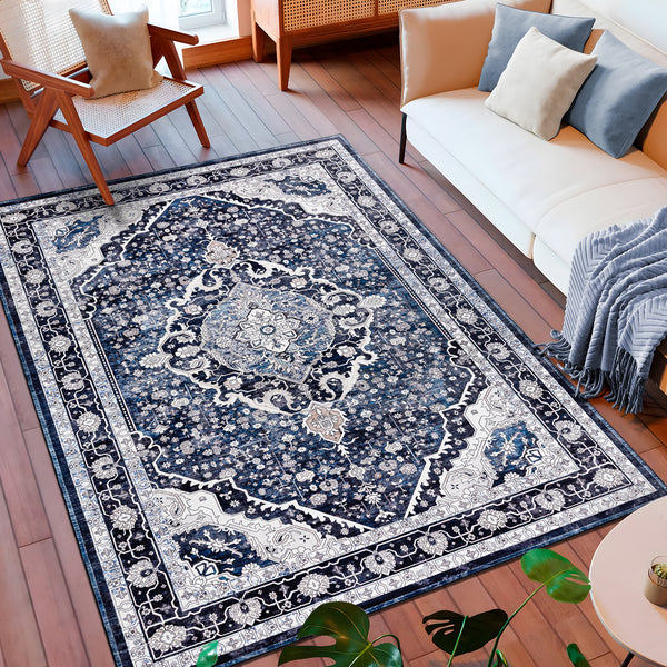 Extra Large Rug Shimmering Navy Blue Blooming Allover Medallion Carpet Machine Washable