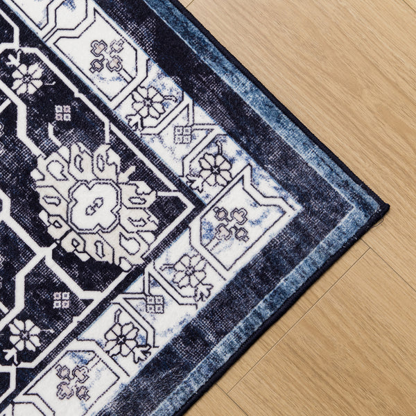 Navy Blue Hallway Runner Beautiful Retro Carpet Machine Washable Mat 80x300cm