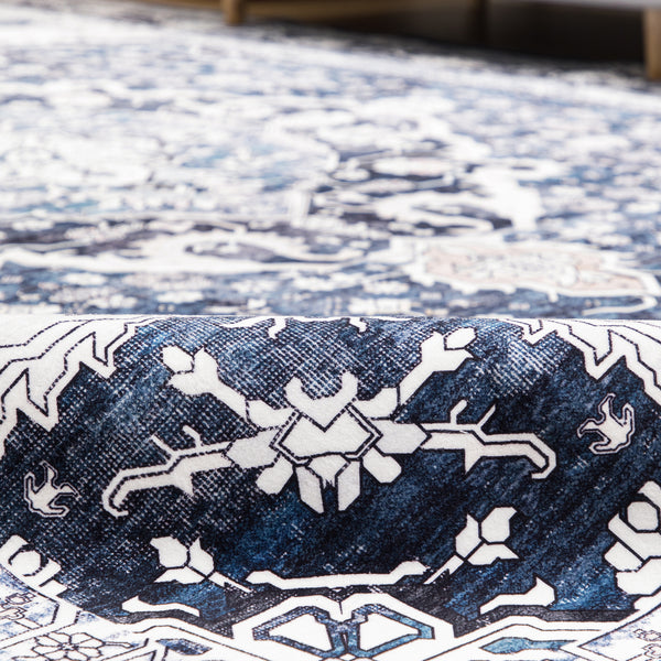Navy Blue Hallway Runner Beautiful Retro Carpet Machine Washable Mat 80x300cm