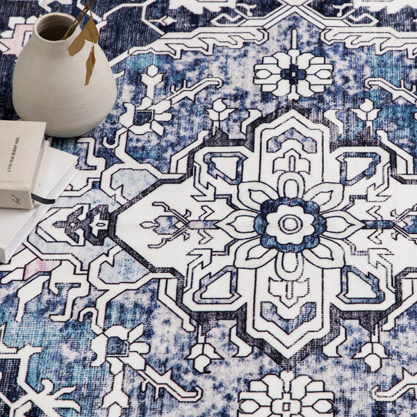 Extra Large Rug Shimmering Navy Blue Blooming Allover Medallion Carpet Machine Washable