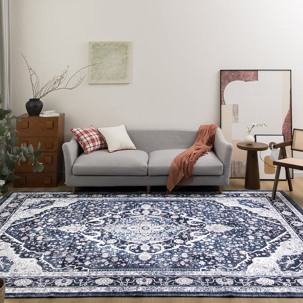 Extra Large Rug Shimmering Navy Blue Blooming Allover Medallion Carpet Machine Washable