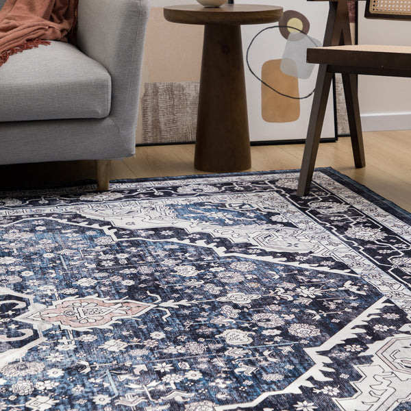 Extra Large Rug Shimmering Navy Blue Blooming Allover Medallion Carpet Machine Washable