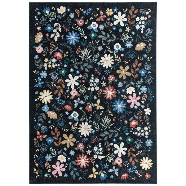 Extra Large Rug Black Multi Flower Soft Botanical Carpet Machine Washable Runner Mat