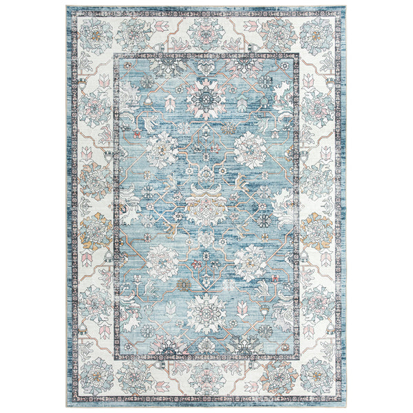 Extra Large Rug Light Blue Peony Distressed Classic Lounges Carpet Runner Machine Washable