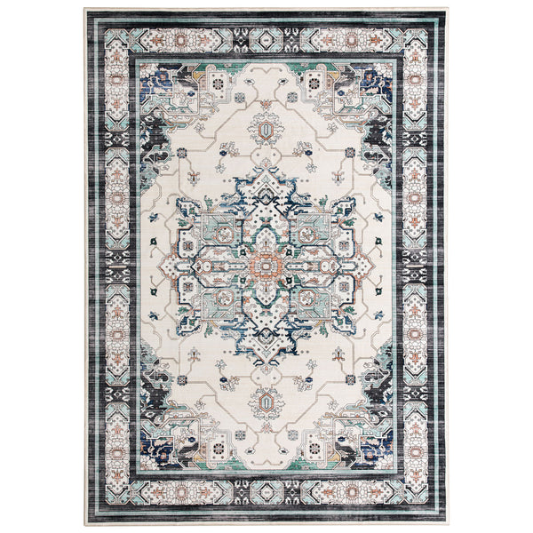 Clearance Extra Large Area Rug Teal Turquoise Blue Ivory Vintage Retro Carpet Machine Washable Lounges Mat