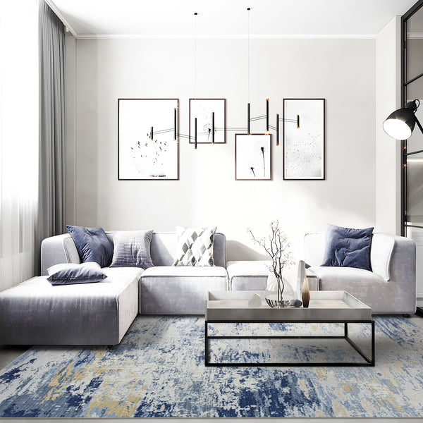 Extra Large Rug Blue Ivory Beige Plush Soft Abstract Carpet Hallway Runner Washable Mat
