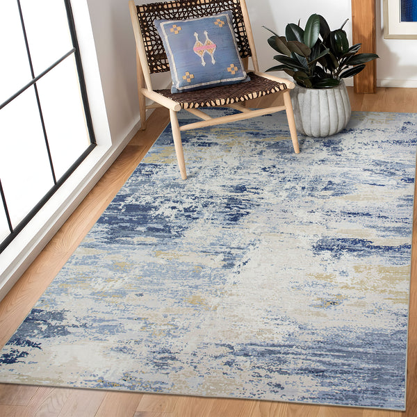 Extra Large Rug Blue Ivory Beige Plush Soft Abstract Carpet Hallway Runner Washable Mat