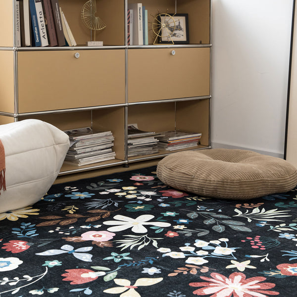 Extra Large Rug Black Multi Flower Soft Botanical Carpet Machine Washable Runner Mat