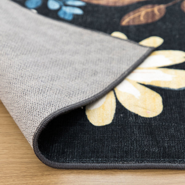 Extra Large Rug Black Multi Flower Soft Botanical Carpet Machine Washable Runner Mat