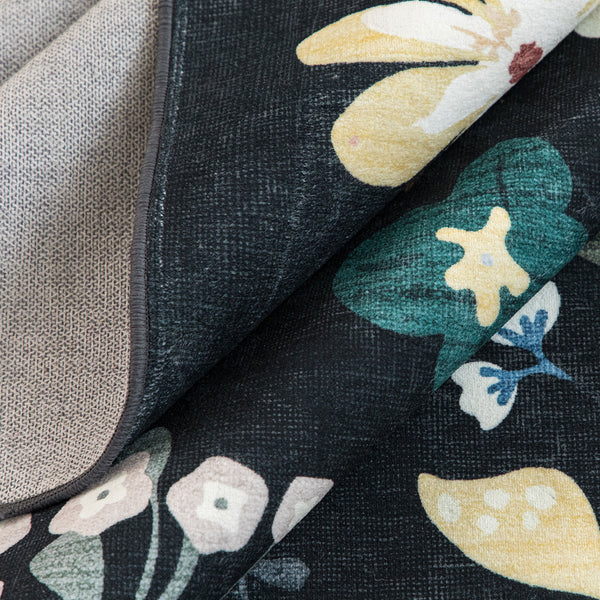 Extra Large Rug Black Multi Flower Soft Botanical Carpet Machine Washable Runner Mat