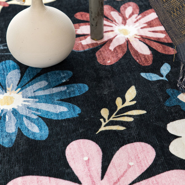 Extra Large Rug Black Multi Flower Soft Botanical Carpet Machine Washable Runner Mat