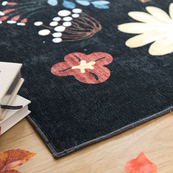 Extra Large Rug Black Multi Flower Soft Botanical Carpet Machine Washable Runner Mat
