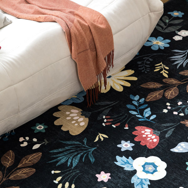 Extra Large Rug Black Multi Flower Soft Botanical Carpet Machine Washable Runner Mat