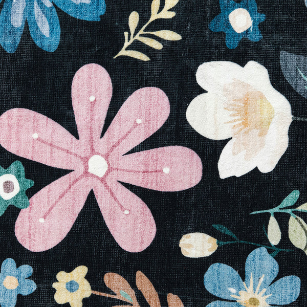 Extra Large Rug Black Multi Flower Soft Botanical Carpet Machine Washable Runner Mat
