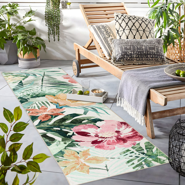 Extra Large Floor Rug Green Pink Tropical Bloom Modern Carpet Machine Washable Mat - Rugaustralia