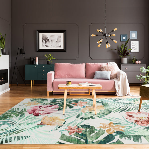 Extra Large Floor Rug Green Pink Tropical Bloom Modern Carpet Machine Washable Mat - Rugaustralia