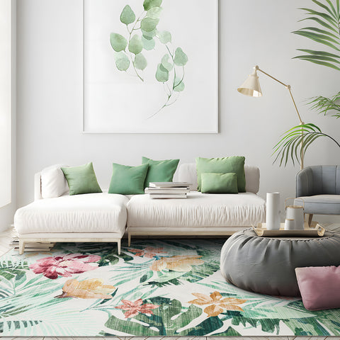 Extra Large Floor Rug Green Pink Tropical Bloom Modern Carpet Machine Washable Mat - Rugaustralia