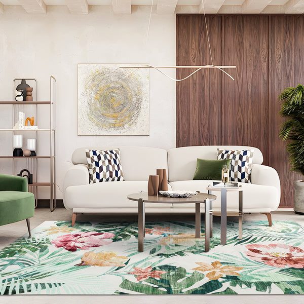 Extra Large Floor Rug Green Pink Tropical Bloom Modern Carpet Machine Washable Mat - Rugaustralia