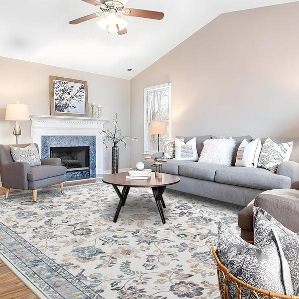 Extra Large Floor Rug Mint Ivory Botanical Lounges Rug Machine Washable Tropical Carpet