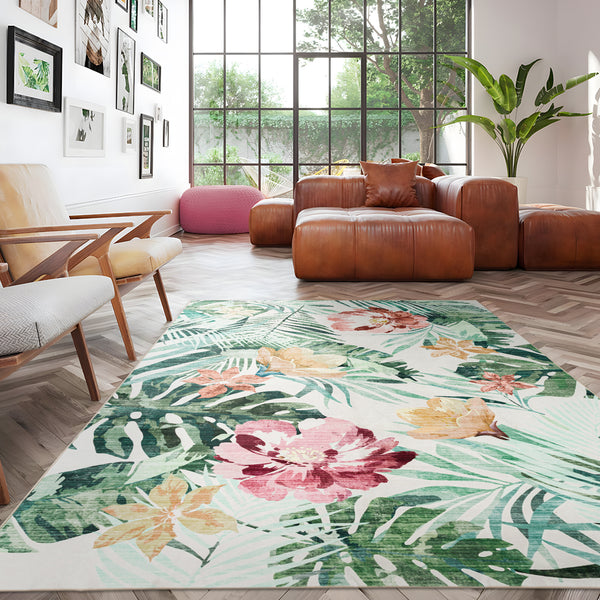 Extra Large Floor Rug Green Pink Tropical Bloom Modern Carpet Machine Washable Mat - Rugaustralia