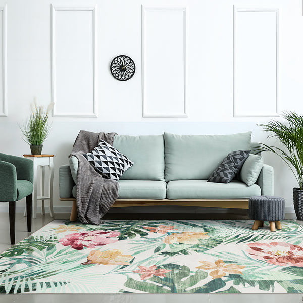 Extra Large Floor Rug Green Pink Tropical Bloom Modern Carpet Machine Washable Mat - Rugaustralia