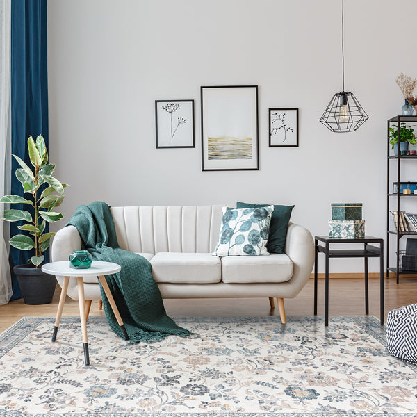 Extra Large Floor Rug Mint Ivory Botanical Lounges Rug Machine Washable Tropical Carpet