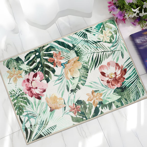 Extra Large Floor Rug Green Pink Tropical Bloom Modern Carpet Machine Washable Mat - Rugaustralia