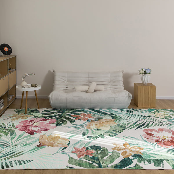 Extra Large Floor Rug Green Pink Tropical Bloom Modern Carpet Machine Washable Mat - Rugaustralia