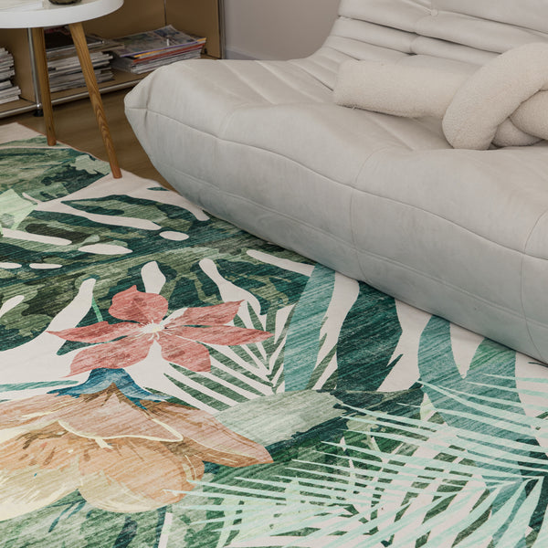 Extra Large Floor Rug Green Pink Tropical Bloom Modern Carpet Machine Washable Mat - Rugaustralia