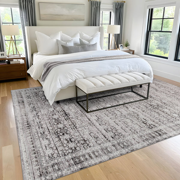 Extra Large Floor Rug Light Gray Soft Distressed Striped Neutral Modern Carpet Machine Washable Rugs