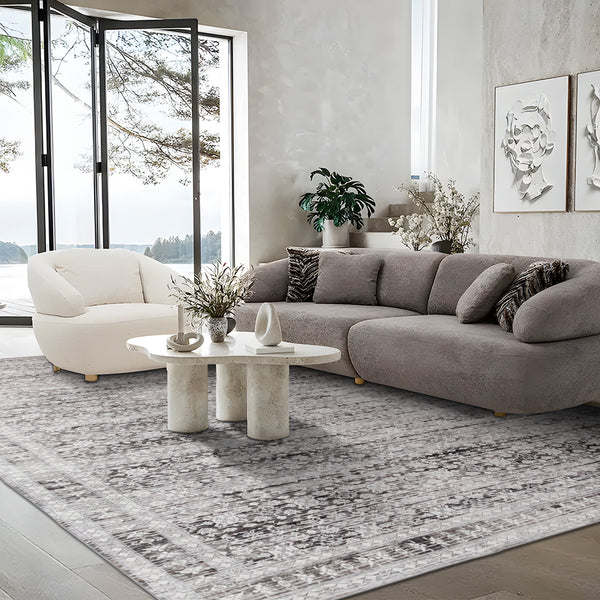 Extra Large Floor Rug Light Gray Soft Distressed Striped Neutral Modern Carpet Machine Washable Rugs