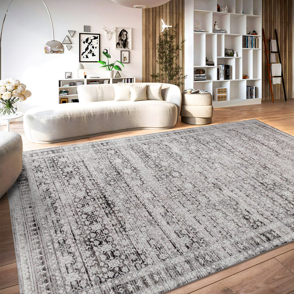 Extra Large Floor Rug Light Gray Soft Distressed Striped Neutral Modern Carpet Machine Washable Rugs