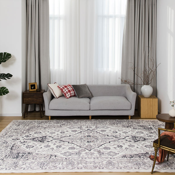 Extra Large Floor Rug Cloud Grey Neutral Monochrome Retro Living Room Carpet Machine Washable Rugs - Rugaustralia