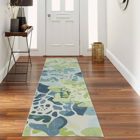 Hall Way Runner Rug Green Blue Rose Modern Carpet Machine Washable Mat 80x300cm