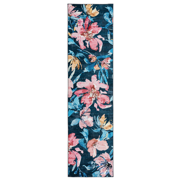 Dark Blue Hallway Runner Non Slip Modern Floor Rugs Floral Washable Mat 80x300cm