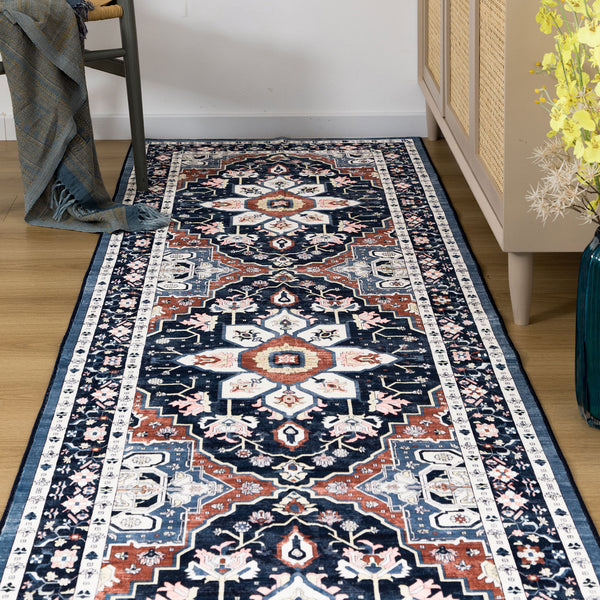 Dark Blue Floor Runner Non Slip Retro Carpet Machine Washable Runner Rug 80x300cm