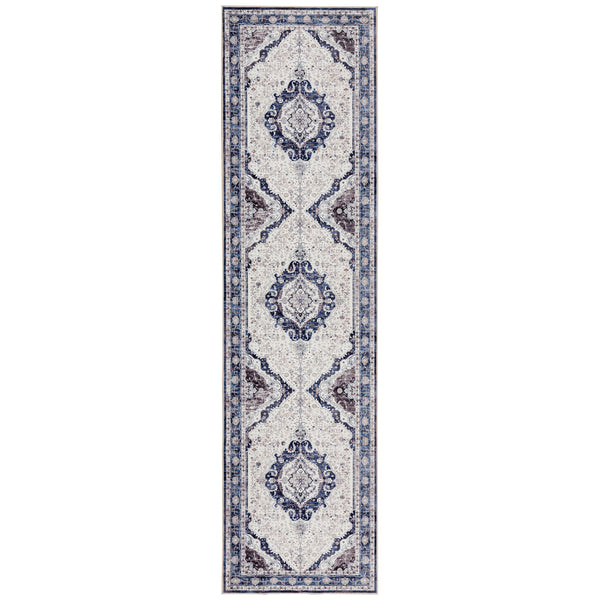 Blue Ivory Hallway Runner Allover Retro Corridor Carpet Easy to Clean Mat 80x300cm
