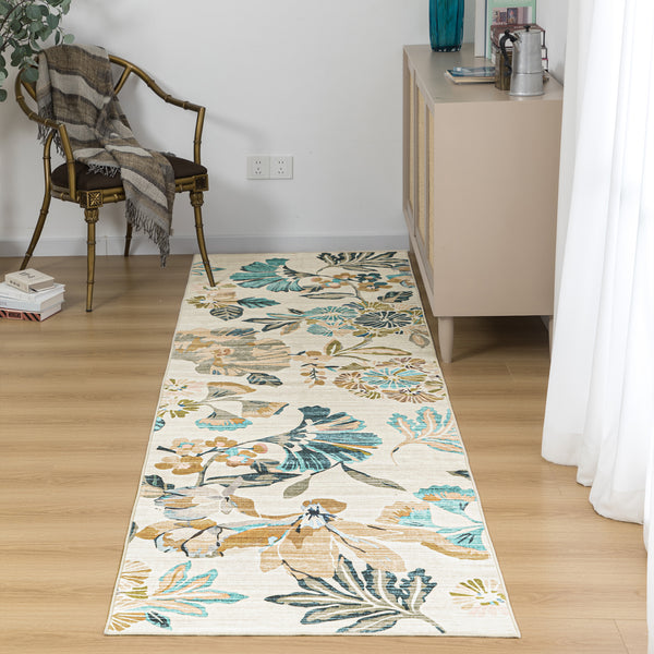 Tropical Hallway Runner Beige Teal Washable Carpet Non Slip Corridor Mat 80x300