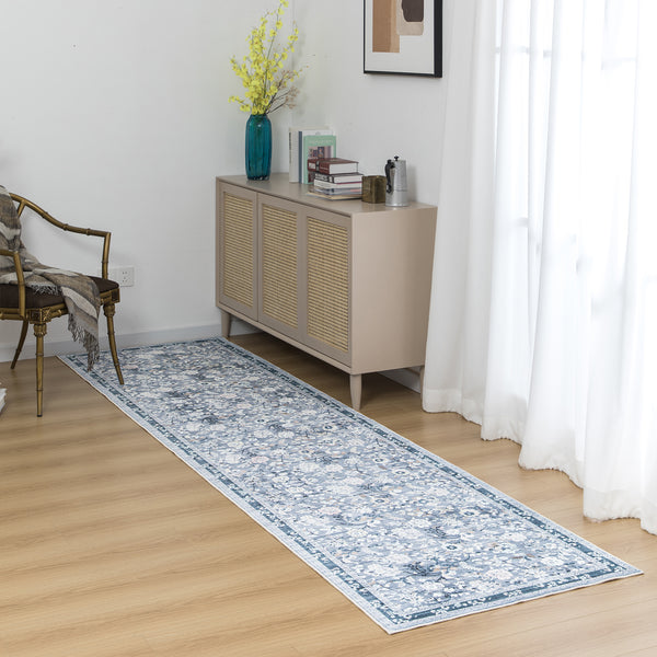 Sky Blue Hallway Runner Non Slip Corridor Rug Soft Allover Leaves Carpet 80x300cm