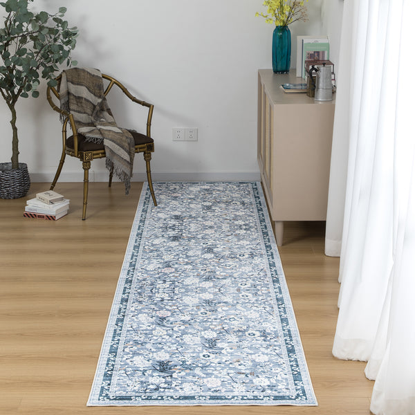 Sky Blue Hallway Runner Non Slip Corridor Rug Soft Allover Leaves Carpet 80x300cm